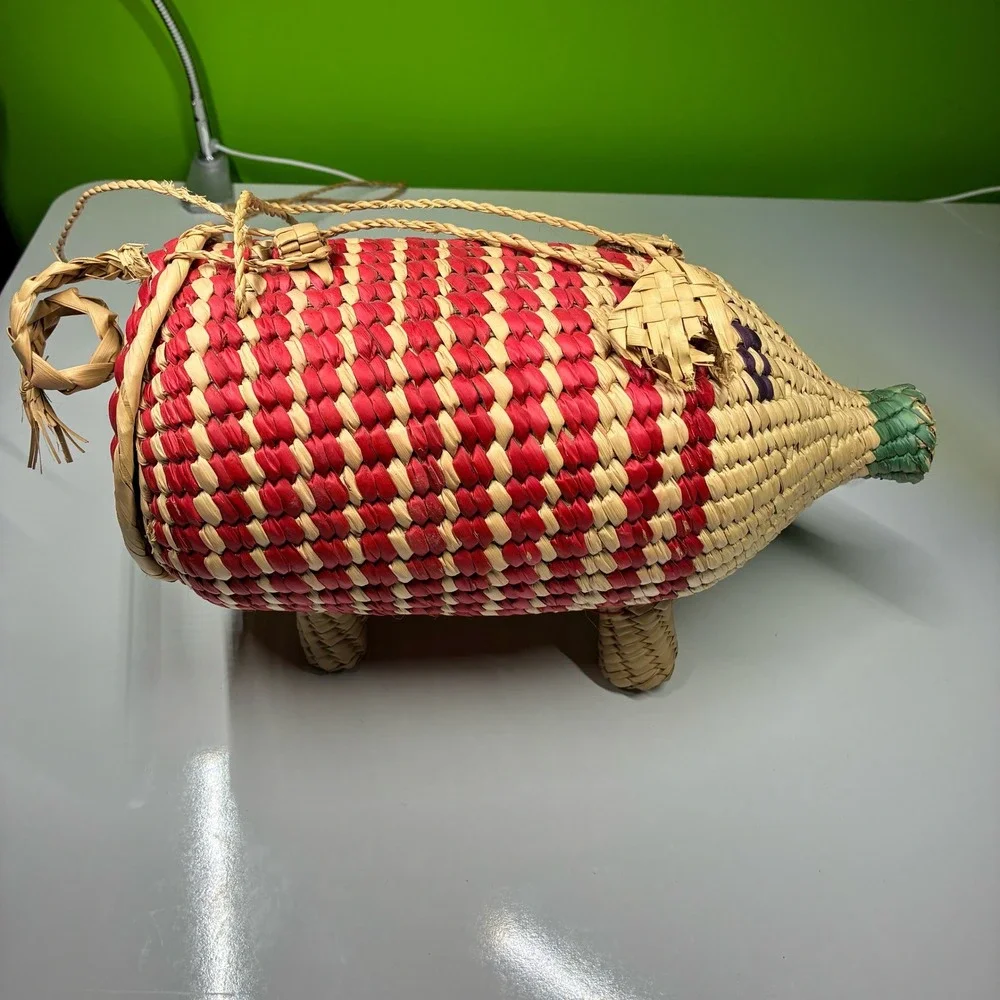 Vintage Hand Woven Straw Pig Basket Red Natural Animal Folk Art Storage with Lid